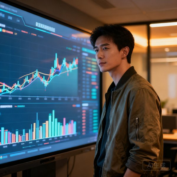 乐球吧首席数据科学家王浩然，年轻男性，穿着休闲夹克，站在数据可视化大屏前